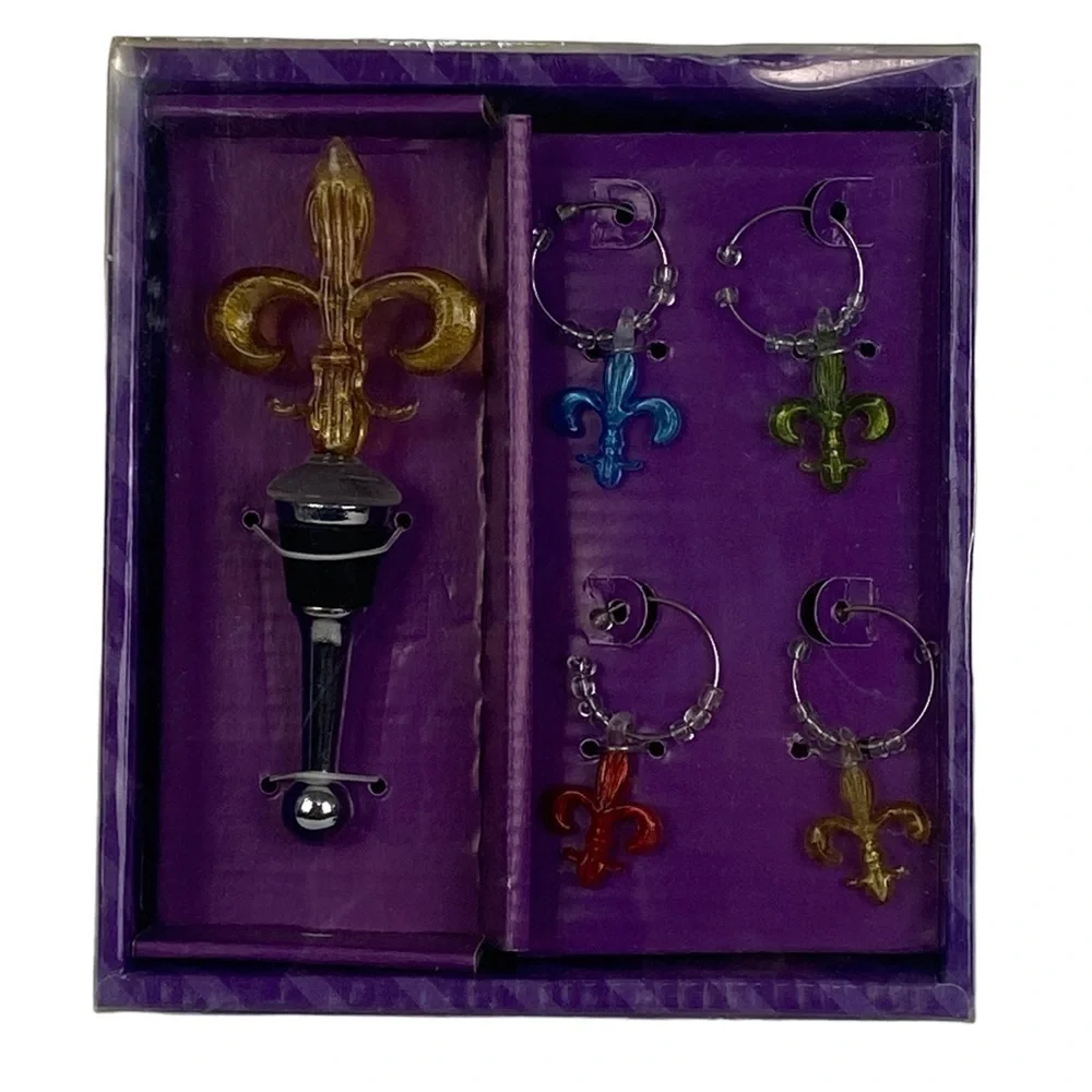 Wine Accessories 5-Piece Set Medieval Art Glass Wine Stopper‎ and 4 Charms NEW